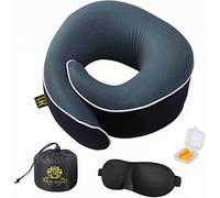Travel Royale Neck Pillow Head, Chin, Neck 360° Support Pillow Adjustable 100% Pure Memory Foam Pillow for Airplanes, Car & Home, Ergonomic Design Full Neck Surround Bundle Eyecover & Earplugs (Navy)