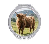 Travel Scottish Cattle Compact Magnifying Mirror 1x/2x Portable Folding Makeup Mirrors for Purse & Pocket Small Cosmetic Mirror for Women Double-Sided Handheld Mirrors, Round Silver
