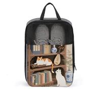 Travel Shoe Bag with Mesh & Double Zipper, Waterproof Shoe Organizer Compact 13.7 Inch Cat on The Shelf Storage Bag for Home, Gym & Travel Essentials