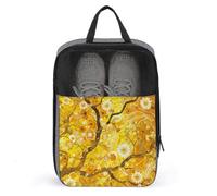 Travel Shoe Bag with Mesh & Double Zipper, Waterproof Shoe Organizer Compact 13.7 Inch Golden Floral Pattern Storage Bag for Home, Gym & Travel Essentials