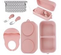 Travel Silicone Baby Feeding Set with 316 Stainless Steel Spoon & Fork,Silicone Suction Plates, Foldable Bib, Storage Bag - Portable Infant Toddler Utensils, 6-Piece BPA-Free Dishware Kit(pink)