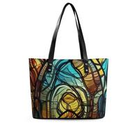 Travel Stained Glass Art Tote Bags for Women with Zipper, Leather Tote Purse Handbags, Casual Totes for Work Beach Shopping