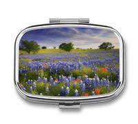 Travel Texas Bluebonnets Scenery Pill Case 2 Compartments Small Pill Organizer for Fish Oil Vitamin Supplement Portable Daily Pill Box for Pocket Purse Medicine Storage