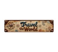 Travel The World Map Compass Stamps Vintage Metal Tin Sign Retro Wall Decor Poster, Ideal for Home Office Living Room Bar Man Cave, 4x16 Inch