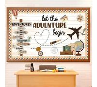 Travel Theme Bulletin Board Decorations Set with Borders Vintage Let The Adventure Begin Cutouts Decor for Teachers Explore Voyage Motivational for Class School Classroom Bulletin Board Decoration