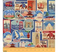 Travel Themed Fabric by The Yard World Urban Landscape Decorative Fabric for Sewing Lovers Cartoon City Building Retro Plaid Fabric for DIY Outdoor Indoor Furnishing Hobby 2 Yards
