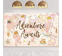 Travel Themed Party Decorations Supplies Adventure Awaits Bon Voyage Backdrop Adventure Map Backdrop for Graduation Birthday Party Baby Shower Photo Booth Pink, 70.8 x 43.3 Inch