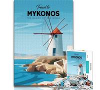 Travel to Mykonos 1000 Piece Jigsaw Puzzles for Teenagers,Stress Reliever Staycation Kill Time with Matching Poster And Trivia Sheet 50x75cm