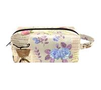 Travel Toiletries Bags Cosmetic Bag for Women Microfiber Leather Makeup Handy Pouch Organiser with Zipper, Vintage Bicycle Flower Torn Newspaper