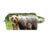 Travel Toiletries Bags Cosmetic Bag for Women Microfiber Leather Makeup Handy Pouch Organiser with Zipper, Brown Bear and Two Cubs