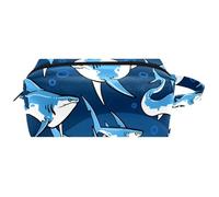 Travel Toiletries Bags Cosmetic Bag for Women Microfiber Leather Makeup Handy Pouch Organiser with Zipper, Fiercely Sharks on Dark Blue