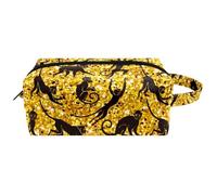 Travel Toiletries Bags Cosmetic Bag for Women Microfiber Leather Makeup Handy Pouch Organiser with Zipper, Monkey Silhouette on Gold Glitters Sequin Print
