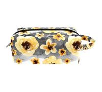 Travel Toiletries Bags Cosmetic Bag for Women Microfiber Leather Makeup Handy Pouch Organiser with Zipper, Yellow Daisy Flower on Stripe