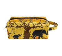 Travel Toiletries Bags Cosmetic Bag for Women Microfiber Leather Makeup Handy Pouch Organiser with Zipper, African Elephant Silhouette Under Tree