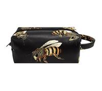 Travel Toiletries Bags Cosmetic Bag for Women Microfiber Leather Makeup Handy Pouch Organiser with Zipper, Bumble Bees Pattern on Black Background