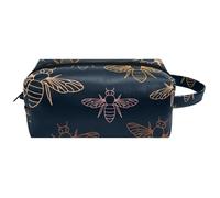 Travel Toiletries Bags Cosmetic Bag for Women Microfiber Leather Makeup Handy Pouch Organiser with Zipper, Line-Colored Bumble Bees on Darkground