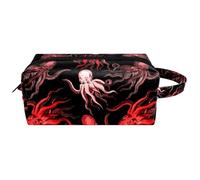 Travel Toiletries Bags Cosmetic Bag for Women Microfiber Leather Makeup Handy Pouch Organiser with Zipper, Watercolor Red Octopus