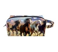 Travel Toiletries Bags Cosmetic Bag for Women Microfiber Leather Makeup Handy Pouch Organiser with Zipper, a Group of Running Horses