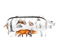 Travel Toiletries Bags Cosmetic Bag for Women Microfiber Leather Makeup Handy Pouch Organiser with Zipper, Watercolor Forest Animals Fox Hedgehog Hare Owl