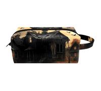 Travel Toiletries Bags Cosmetic Bag for Women Microfiber Leather Makeup Handy Pouch Organiser with Zipper,Abandoned House Black Ravens