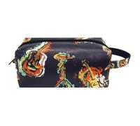 Travel Toiletries Bags Cosmetic Bag for Women Microfiber Leather Makeup Handy Pouch Organiser with Zipper, Grunge Jazz Music Guitar Piano Drum