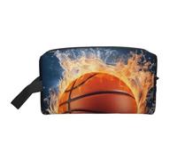 Travel Toiletry Bag for Women Men Leather Makeup Bag Large Portable Travel Organizer Basketball on Fire and Water Flame Splashing Cosmetic Bag with Hanging Hook Travel Bathroom Bag Zipper Pouch Purse,