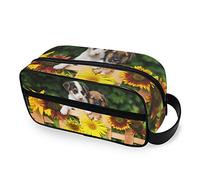 Travel Toiletry Bag Nylon Dopp Kit Shaving Bag Cute Little Puppy Dog with Sunflowers Makeup Case Cosmetics Organizer for Men Women