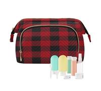 Travel Toiletry Cosmetic Makeup Bag Buffalo Red Plaid for Women Men Girls, Check Waterproof Makeup Cosmetic Wash Organizer Bag for Travel Essentials