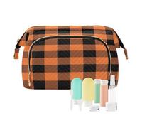 Travel Toiletry Cosmetic Makeup Bag Textured Buffalo Plaid Orange for Women Men Girls, Check Waterproof Makeup Cosmetic Wash Organizer Bag for Travel Essentials
