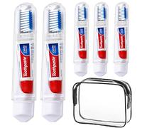 Travel Toothbrush Set of 5 with Mini Toothpaste & Clear Waterproof PVC Bag - Portable Compact Toothbrush Kit for Travel, Holidays, Camping, Business Trips, Gym, Overnight Stays & Family Use