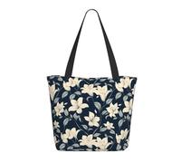 Travel Tote Bag for Women Work - Fashion Lightweight White Lily Navy Blue Print Shoulder Nurse Bag Beach Handbags for Women, Large Tote Purse with Zipper