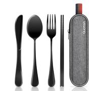 Travel Utensils with Case, Quatish Portable Silverware Set for Work, Stainless Steel Reusable Travel Cutlery Set, Fork and Spoon Set for Camping, Picnic, Gadgets, Lunch Box for Men, Black
