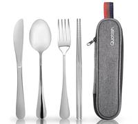 Travel Utensils with Case, Quatish Portable Silverware Set for Work, Stainless Steel Reusable Travel Cutlery Set, Fork and Spoon Set for Camping, EDC Gadgets, Lunch Box for Men, Silver