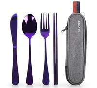 Travel Utensils with Case, Quatish Portable Silverware Set for Work, Stainless Steel Reusable Travel Cutlery Set, Fork and Spoon Set for Camping, EDC Gadgets, Lunch Box for Men, Purple