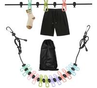 Travel Washing Line with Pegs, Portable Clothesline Camping Clothes Line Rope, Adjustable Rectractable Elastic Clotheslines with 12 Clips, Retractable Washing Line Outdoor Indoor Camping Balcony