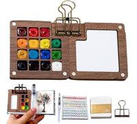 Travel watercolour set, mini watercolour kit, Watercolour paint set, Mini Watercolour Paint Set, 15 Grids Travel Kit with Foldable Wooden Palette, Sketchbook, Brush, 5 Pieces