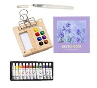 Travel Watercolour Set, Mini Watercolour Paint Set Travel, Mini Watercolour Kit with 8-Grid Paint Box, 12 Colors Watercolour Paints, Water Brush & Sketchbook for Outdoor Painting