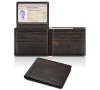 Travelambo Genuine Leather Wallet for Men with Gift Box - Handmade Bifold Stylish - Mens Wallets Rfid Blocking with 2 ID Windows, Craze Horse Coffee, 4.5“x3.5”, Simple Large Capacity Casual Classic