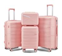 TRAVELEO 4-Piece Expandable Hardshell Luggage Set with TSA Lock (14/20/24/28) - Lightweight PP Suitcases, 360° Silent Spinner Wheels and Durable 100LB Handle for Air Travel, Pink, Spinning Wheels