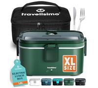 TRAVELISIMO Extra-Large Heated Lunch Box - Holds up to 1.8L 100W Electric Lunch Box, Stainless Steel Heated Lunch Boxes for Adults 3 in 1 for Car, Electric Lunchbox 12V/24V/230V Self Heating Lunchbox