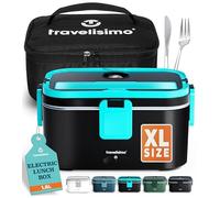TRAVELISIMO Extra-Large Heated Lunch Box - Holds up to 1.8L 100W Electric Lunch Box, Stainless Steel Heated Lunch Boxes for Adults 3 in 1 for Car, Electric Lunchbox 12V/24V/230V Self Heating Lunchbox