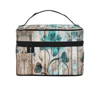 Travelling Teal Flower On Wooden Plank Cosmetic Bag,Travelling Cosmetic Bag,Cosmetic Toolbox,Cosmetic Organiser