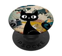 Travelling The World Collage Romantic Explorer Black Cat PopSockets Adhesive PopGrip