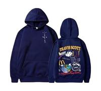 Travis Scott x Jack Sudaderas collaboration black hooded sweatshirt, trendy hip-hop style unisex, MCDonalds earth pattern print, loose casual couple outfit, youth streetwear trend (Navy blue, M)