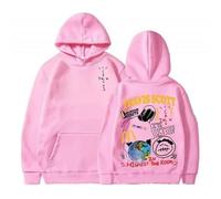 Travis Scott x Jack Sudaderas collaboration black hooded sweatshirt, trendy hip-hop style unisex, MCDonalds earth pattern print, loose casual couple outfit, youth streetwear trend (Pink, S)