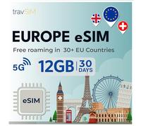 travSIM Europe eSIM | 12GB data with 4G/5G speeds | Free roaming in UK, Switzerland & the EU | Plan on eSIM for Europe is valid for 30 days