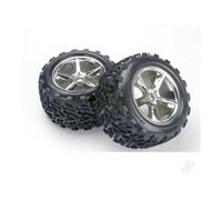 Traxxas Wheels & Tyres, assembled, glued (Gemini chrome wheels, Talon Tyres, foam inserts) (2) (also fits Maxx series) TRX5374