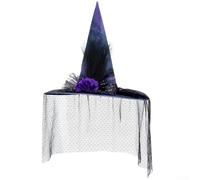 Trayneel Halloween Mesh Witch Hat With Artificial Flowers And Lace Elegant Velvet Costume Accessory For Adult Women Cosplay Masquerade Birthday Party Black And Purple