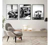 Trayosin Set of 3 Poster Set, Wall Decoration Living Room & Bedroom, Black White Pictures, Decorative Vintage Posters, Cameras, Telephones, Stylish Wall Pictures - Without Picture Frame (40 x 50 cm)