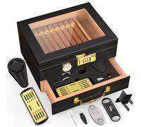 TRBIHCX Lockable Desktop Cigar Humidor Box with Glass Top, Spanish Cedar Wood, Hygrometer, Humidifier, Cigar Cutter, V-Cutter, Ashtray, Accessory Drawer, Holds 20-50 Cigars, Luxury Gift Set for Men